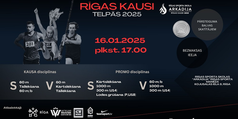 ““Arkādija” Rīgas kausos telpās” vieglatlētikā ar Eiropas čempionu un diviem pasaules čempionāta 4. vietu ieguvējiem