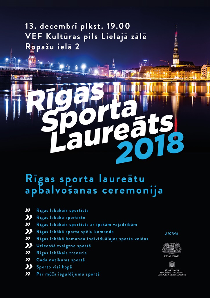 Aicina pieteikt pretendentus gada balvai "Rīgas sporta laureāts 2018"